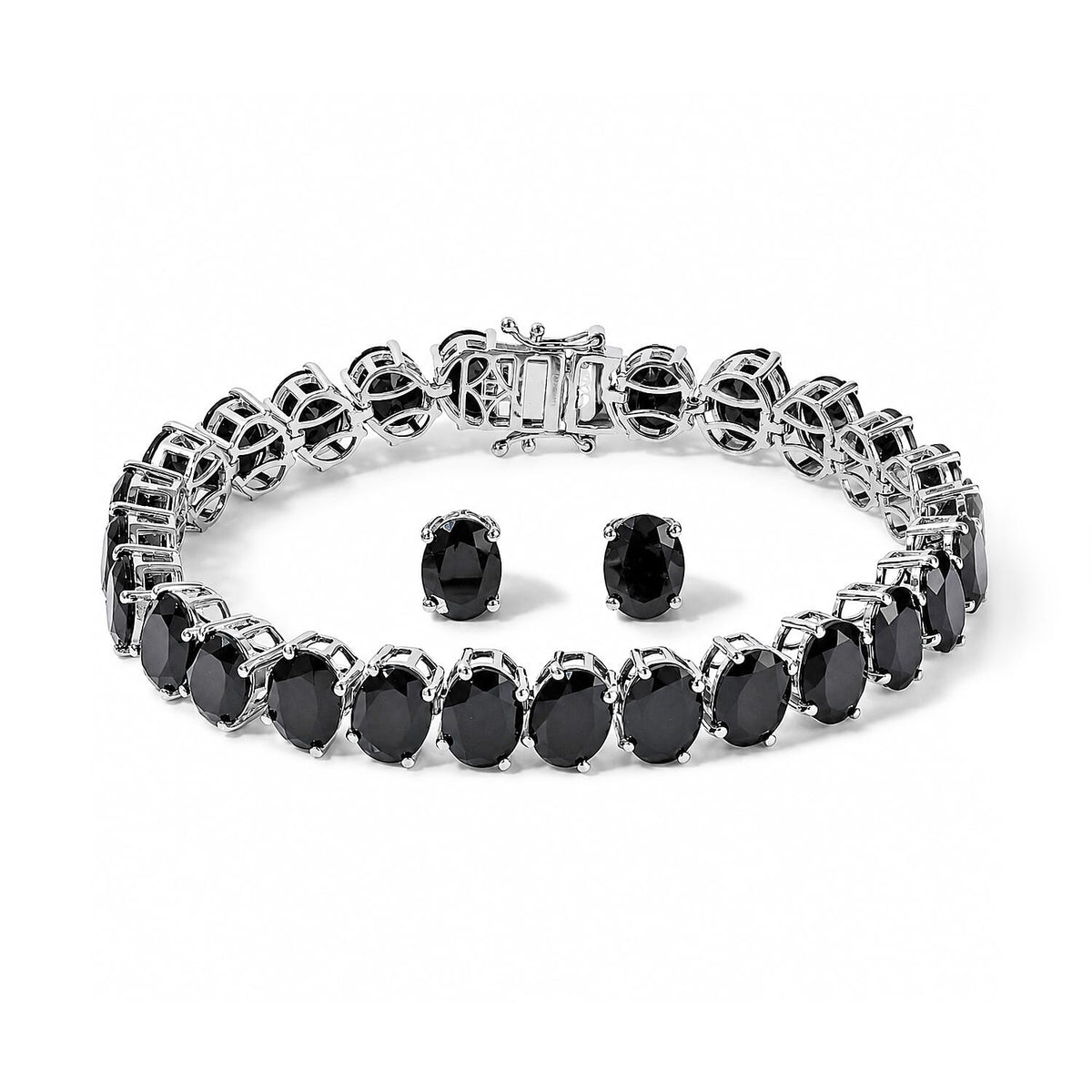 EverTrue Thai Black Spinel 52.30 ctw Bracelet (6.50In) and Solitaire Stud Earrings in Platinum Bond