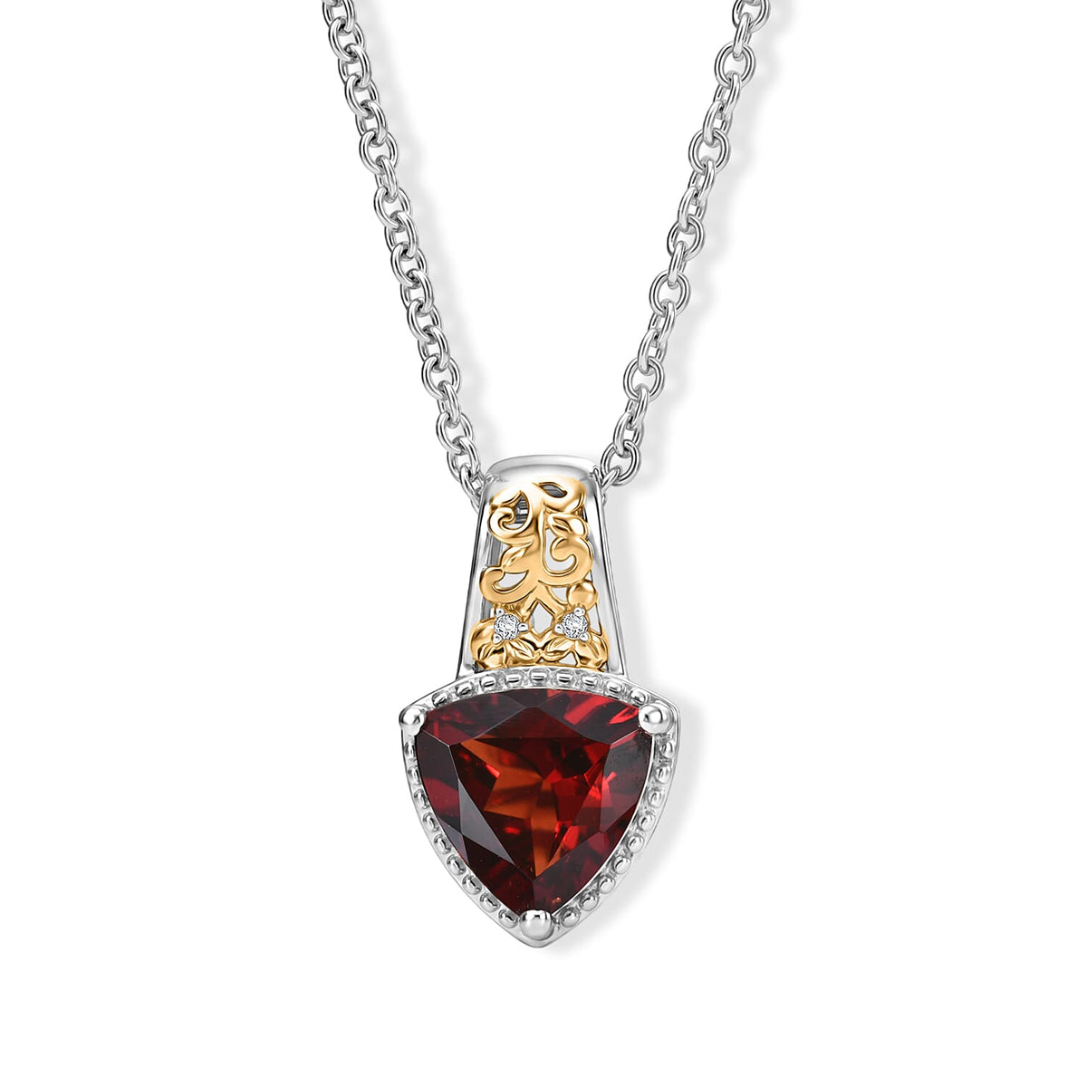 EverTrue Mozambique Garnet, White Zircon Pendant in 18K YG Plated and Platinum Bond with Stainless Steel Necklace (20 Inches) 2.65 ctw
