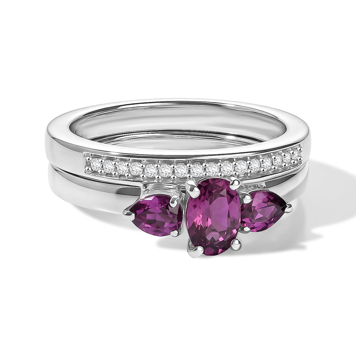 D''Joy Radiant Ember Garnet and Moissanite 1.10 ctw Set of 2 Ring in Rhodium Over Sterling Silver (Size 7.00)