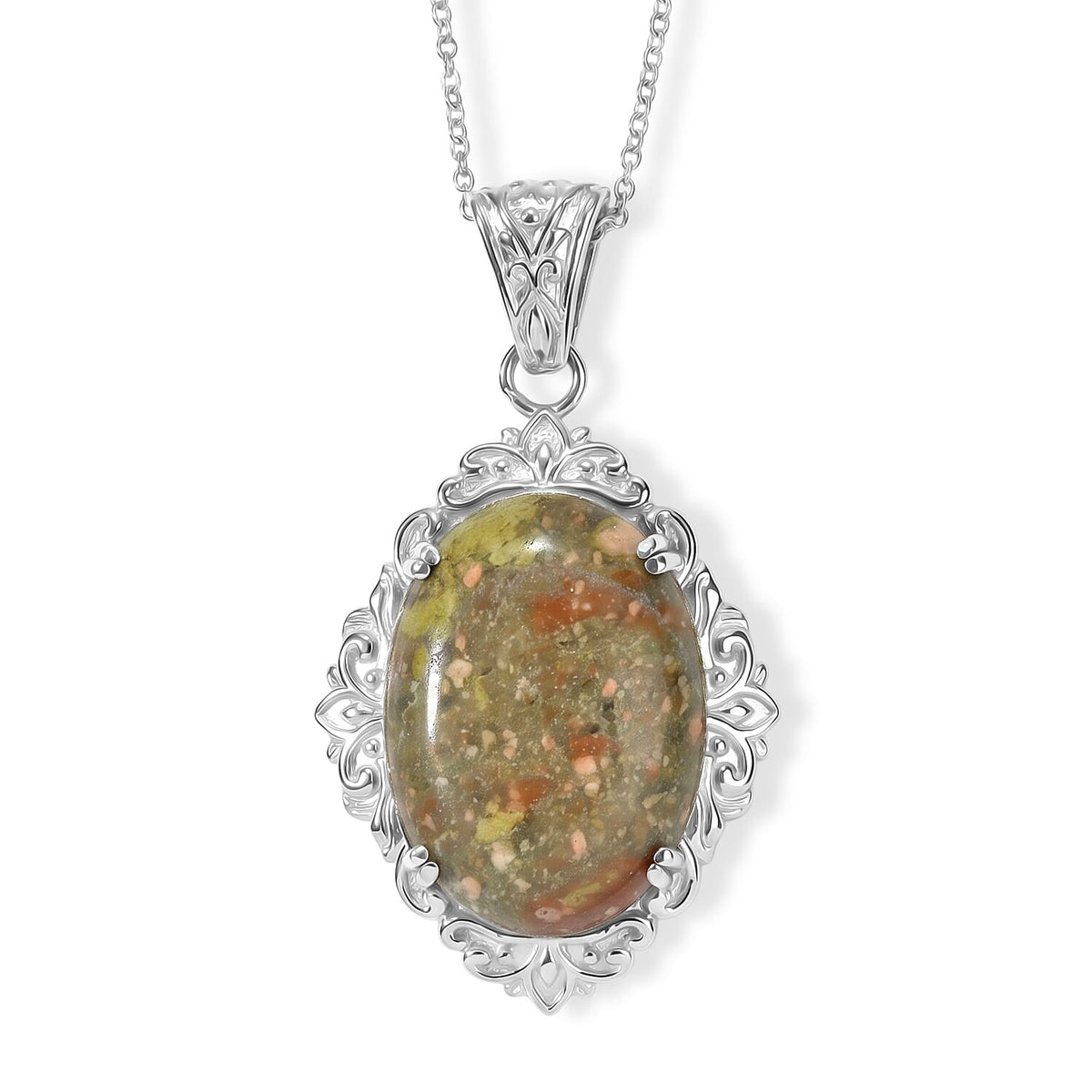 EverTrue Unakite Pendant Necklace (20 Inches) in Stainless Steel 40.80 ctw