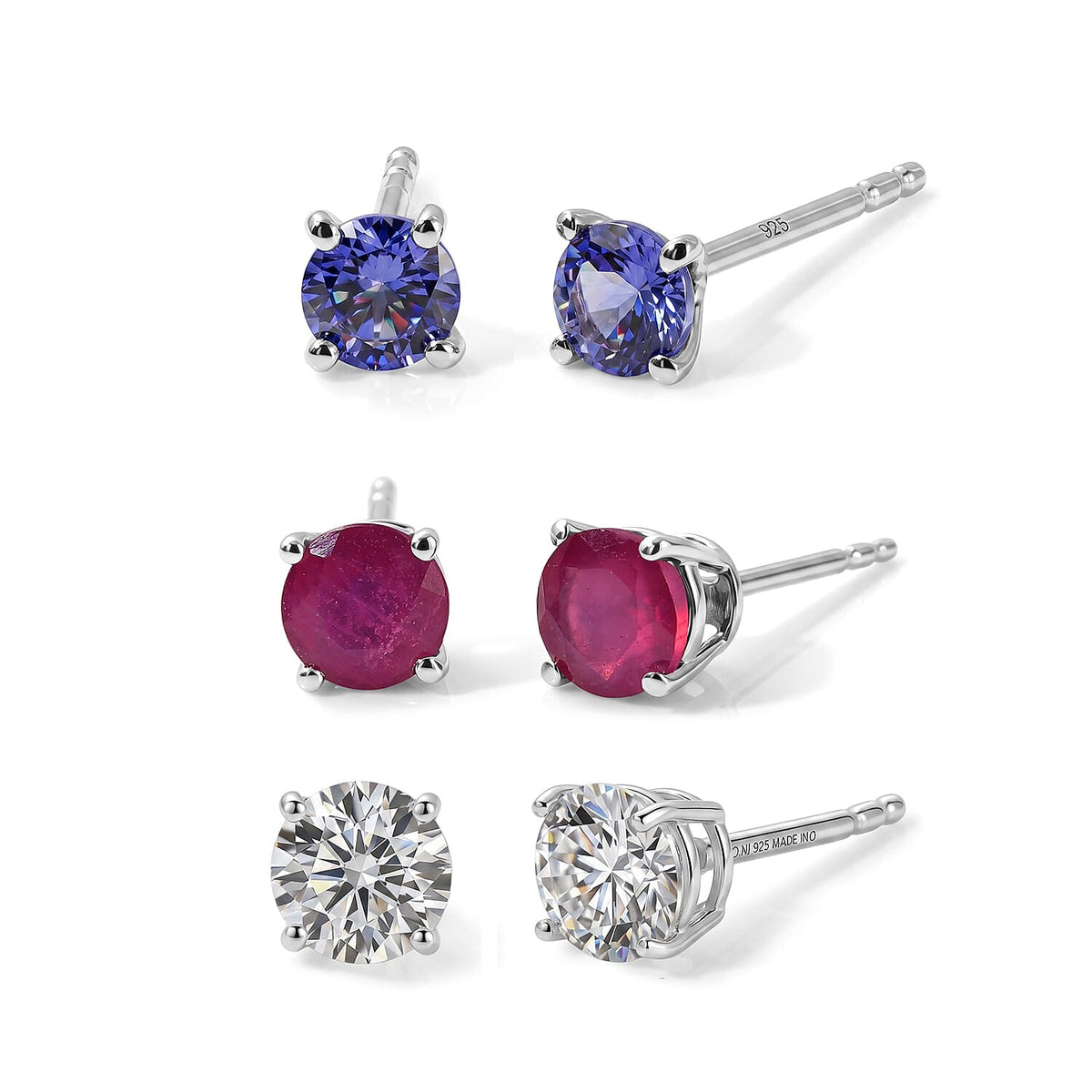 Set of 3 - D'Joy Multi Gemstone 3.00 ctw Solitaire Stud Earrings in Platinum Over Sterling Silver..