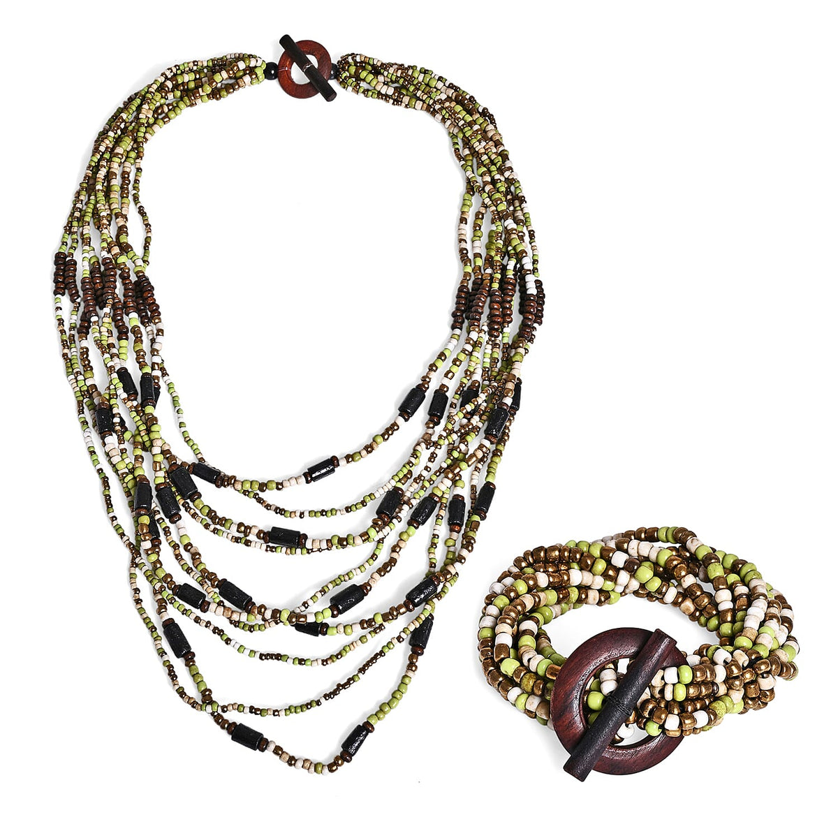 Multi Strand Seed Bead Necklace and Bracelet Set in Seafoam Bronze with Wood Toggle Clasp