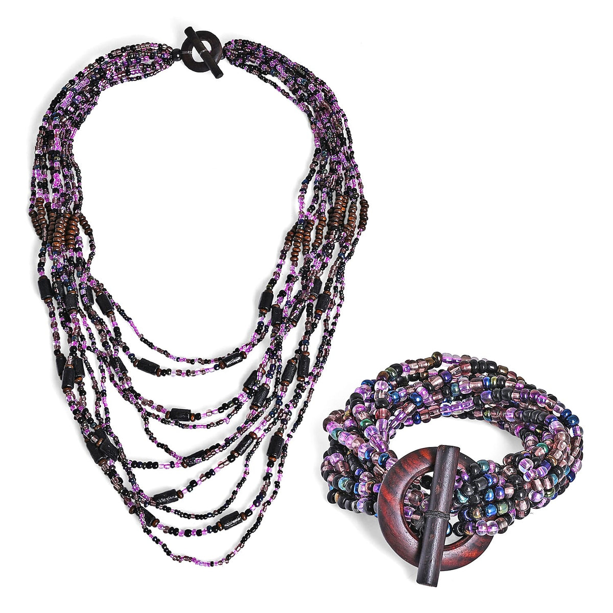 Multi Strand Seed Bead Necklace and Bracelet Set in Seafoam Bronze with Wood Toggle Clasp