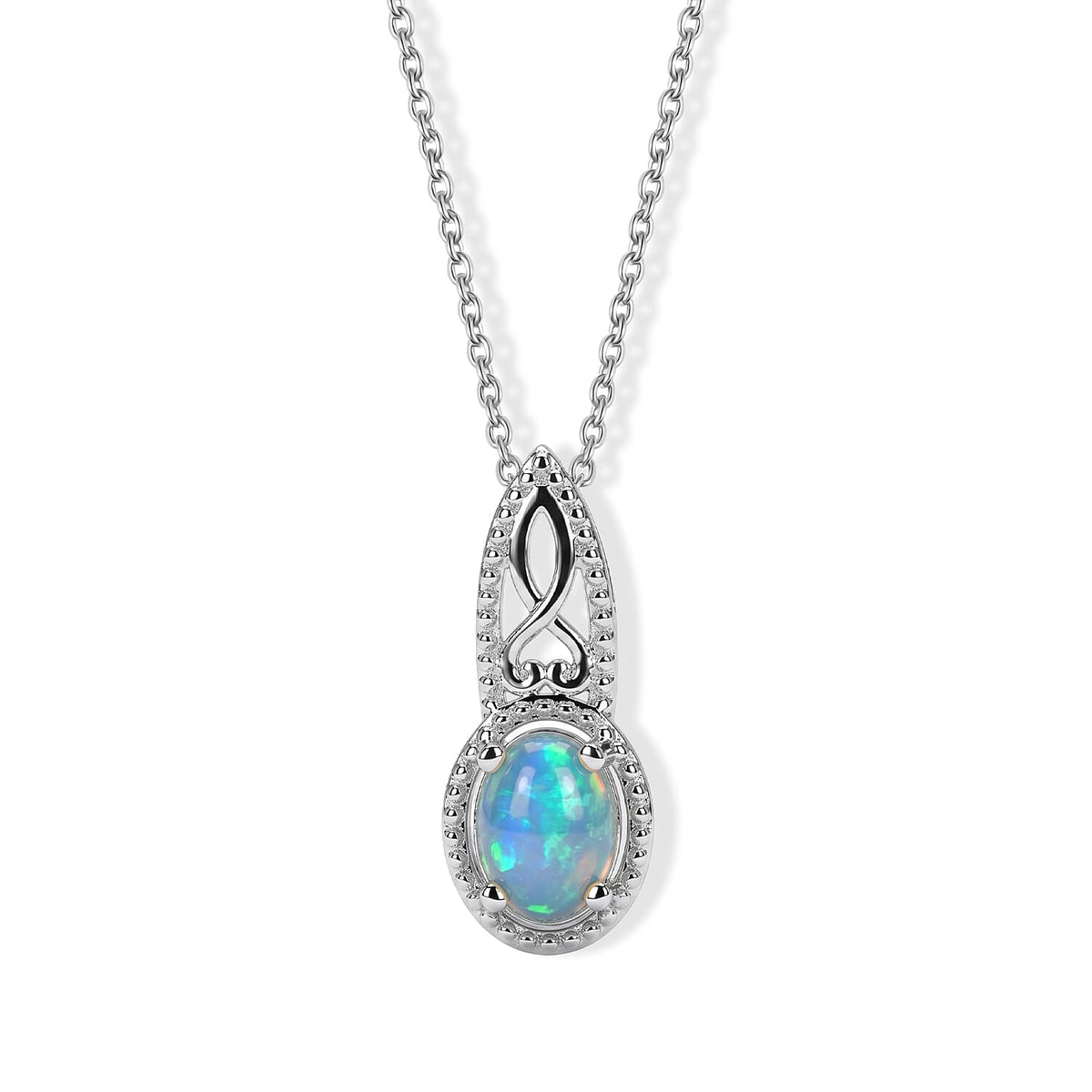 D''Joy Ethiopian Welo Opal Pendant in Rhodium Over Sterling Silver with Stainless Steel Necklace (20 Inches) 0.90 ctw