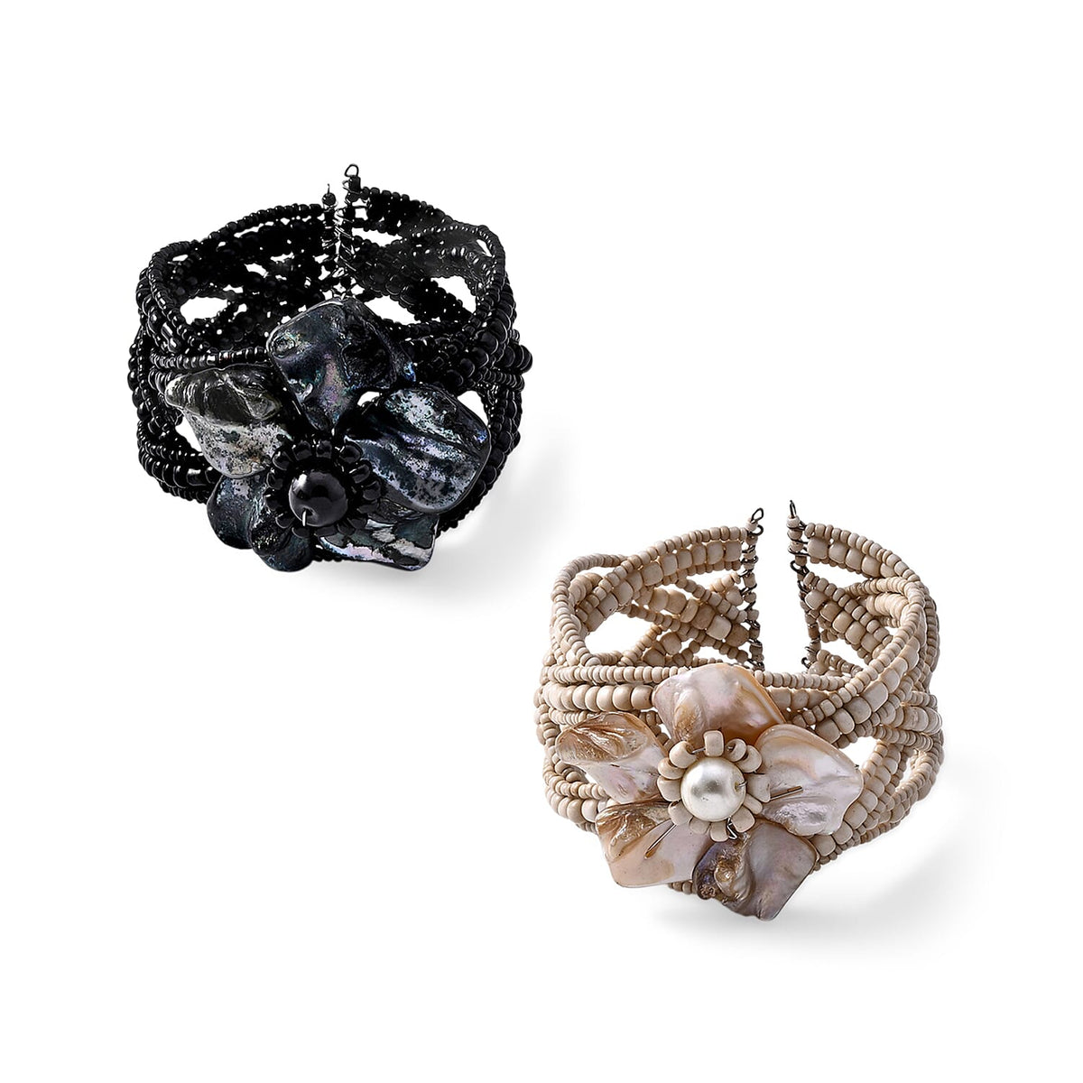 Set of 2 Black and Brown Seed Beaded Cuff Bracelet with Shell Flower (All size)