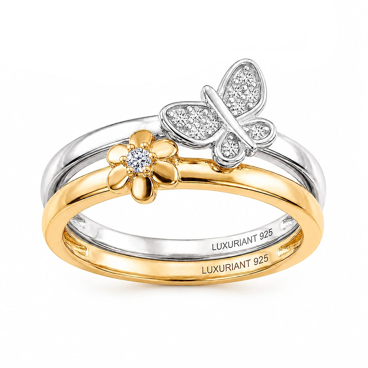 Luxuriant Lab Grown Diamond (G-H, SI) Set of 2 Stackable Ring in 18K Vermeil YG and Rhodium Over Sterling Silver (Size 5.00) 0.10 ctw