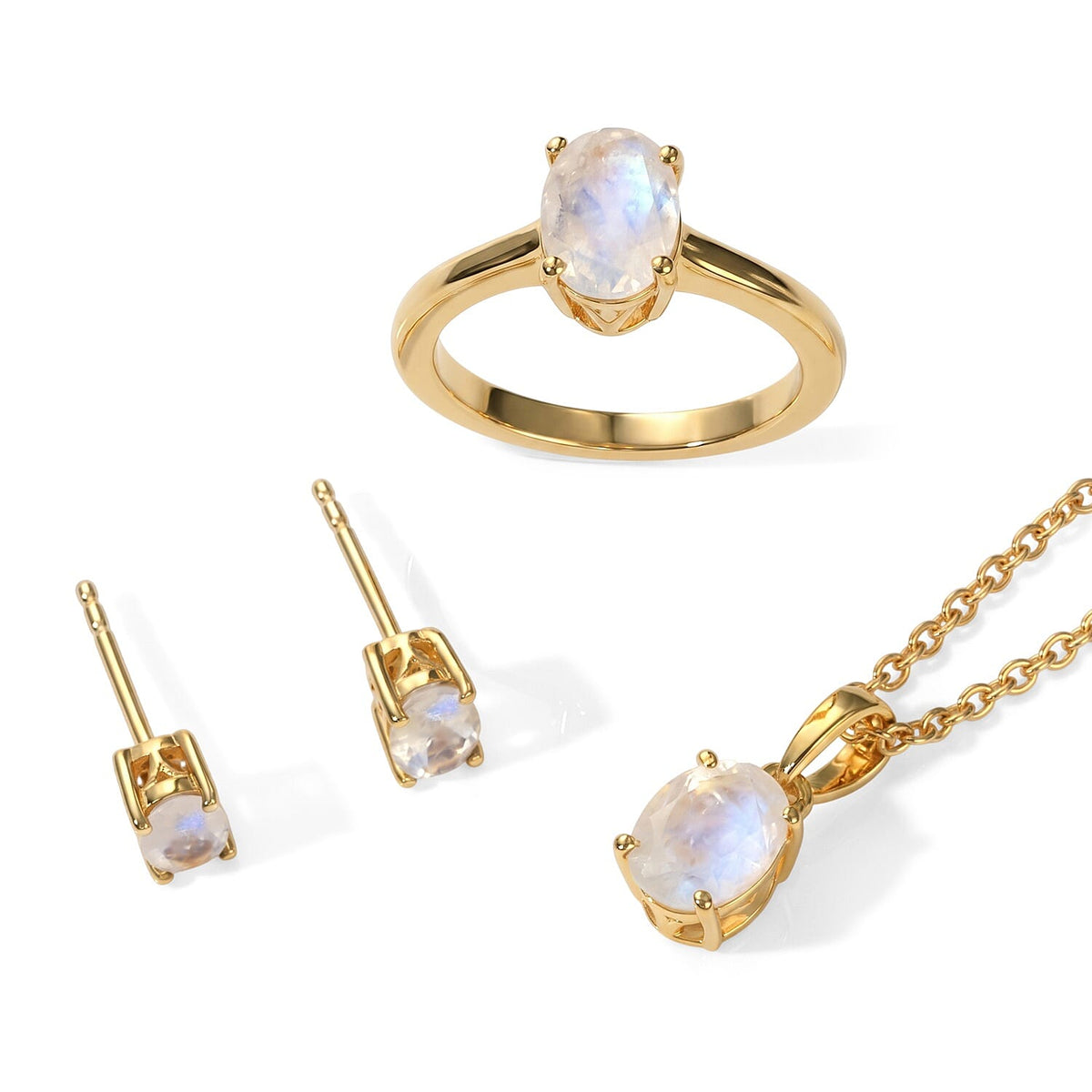 EverTrue Rainbow Moonstone Earrings, Ring (Size 5.0) and Pendant in 18K YG Plated with ION Plated YG Stainless Steel Necklace (20 Inches) 3.20 ctw