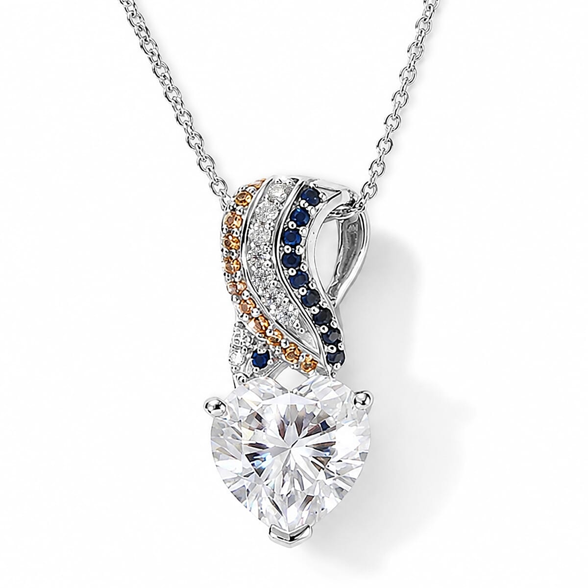 D'Joy Moissanite (Hrt 10 mm), Multi Gemstone Pendant Necklace (20 Inches) in Rhodium Over Sterling Silver 3.90 ctw