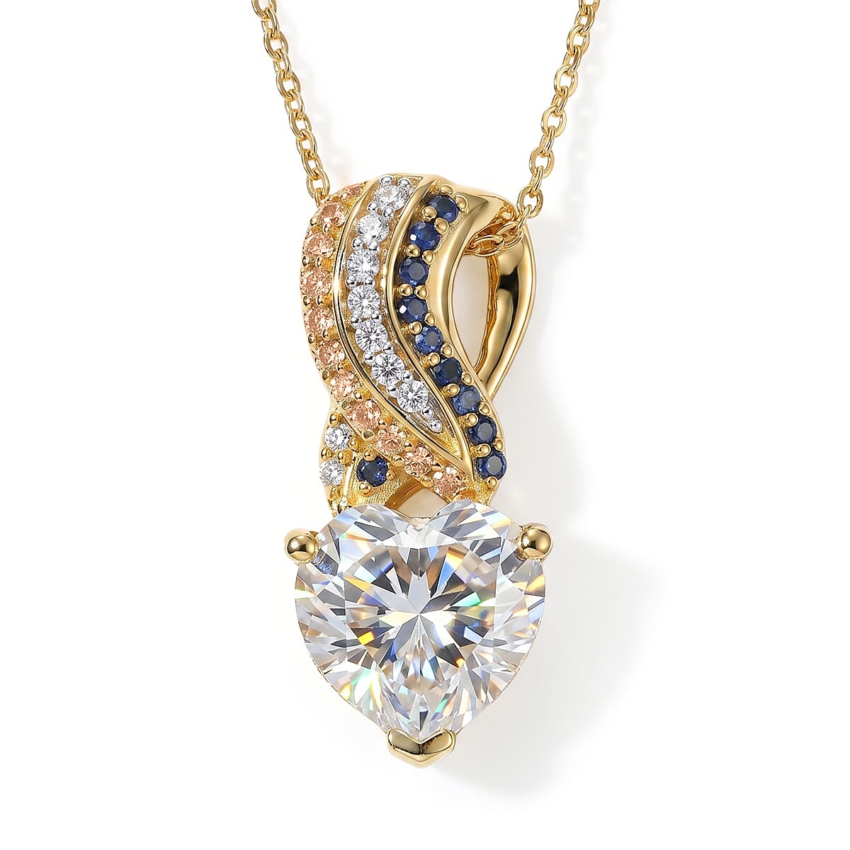 D'Joy Moissanite (Hrt 10 mm), Multi Gemstone Pendant Necklace (20 Inches) in Rhodium Over Sterling Silver 3.90 ctw