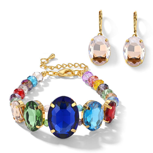 Austrian Multi Crystal and Multi Glass Set of 2 Bracelet (7.50-9.50In) and Earrings in ION Plated YG Stainless Steel