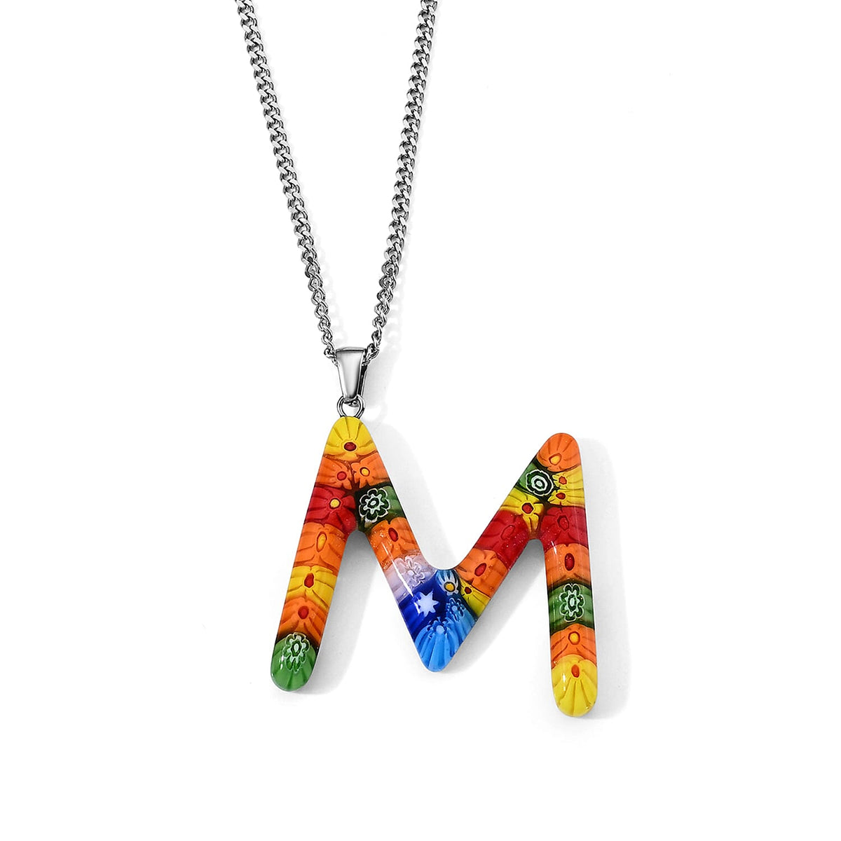 Multi Murano Style Initial A Pendant Necklace (20-22 Inches) in Stainless Steel
