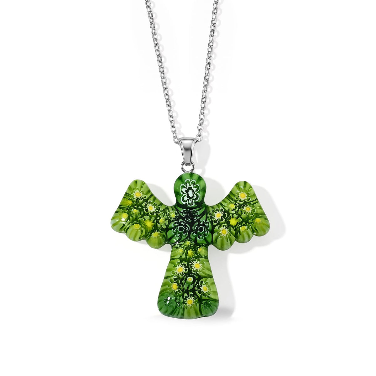 Multi Murano Style Angel Pendant Necklace (20-22 Inches) in Stainless Steel
