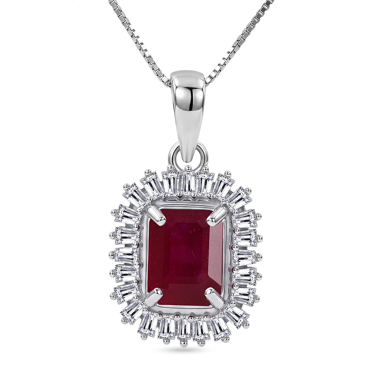 Niassa Ruby (FF), Moissanite Imperial Frame Pendant Necklace in Rhodium Over Sterling Silver 3.10 ctw (18 Inches)