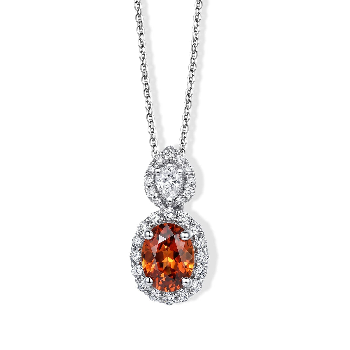 D''Joy Premium Red Zircon, Moissanite Pendant Necklace (18 Inches) in Rhodium Over Sterling Silver 2.60 ctw
