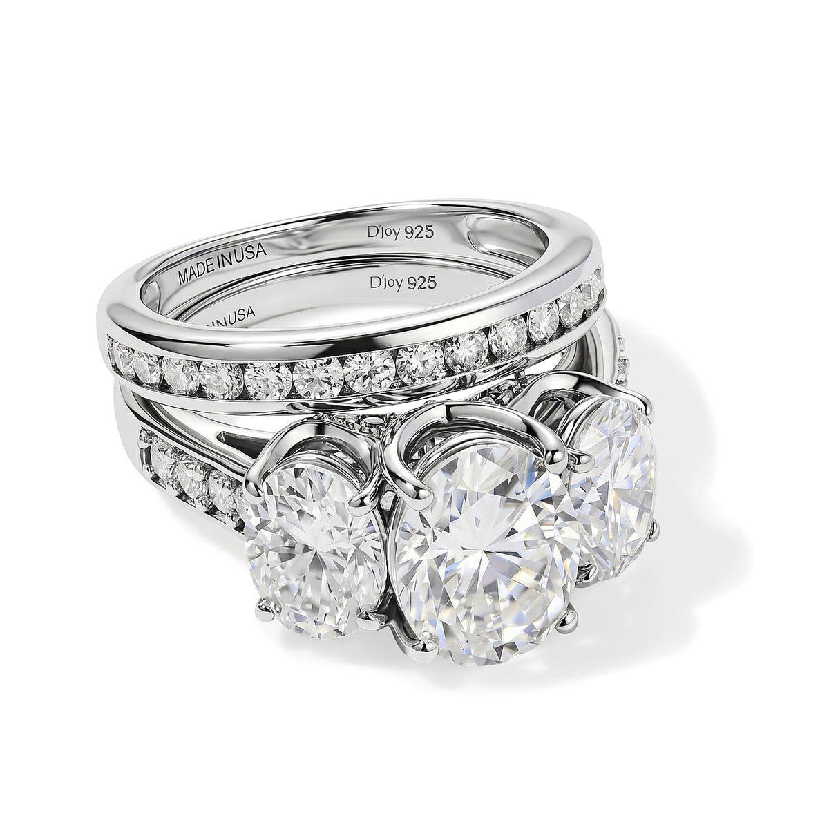 D'Joy Moissanite (Ovl 10x8mm) Set of 2 Rhythm of Time Ring in Rhodium Over Sterling Silver (Size 6) 6.90 ctw 4493281