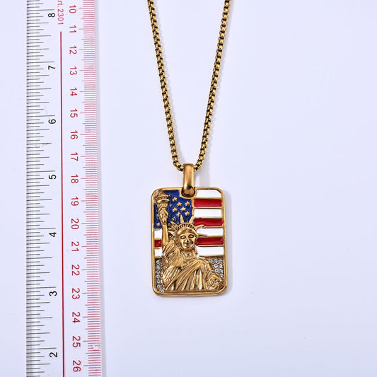 Enamel and Austrian Crystal American Flag Pendant Necklace (24 Inches) in ION Plated YG Stainless Steel