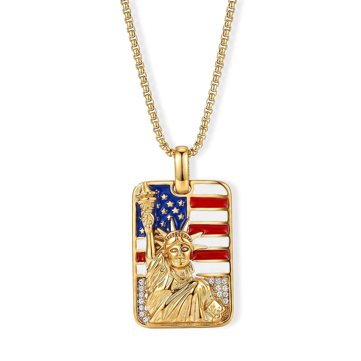 Enamel and Austrian Crystal American Flag Pendant Necklace (24 Inches) in ION Plated YG Stainless Steel