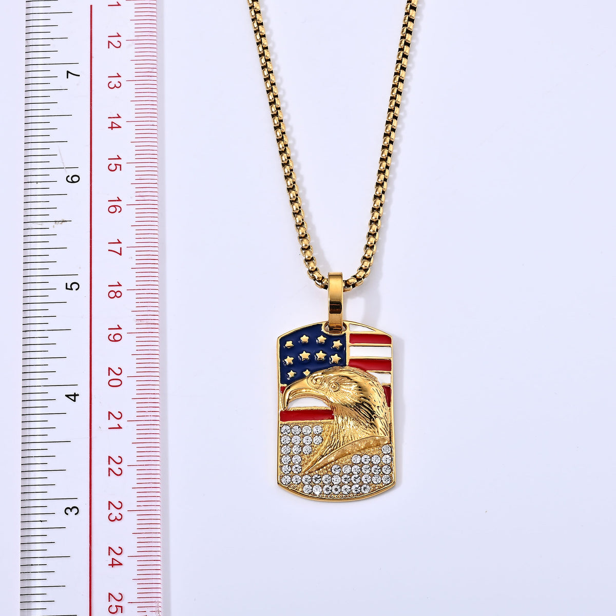 Enamel and Austrian Crystal American Flag Pendant Necklace (24 Inches) in ION Plated YG Stainless Steel