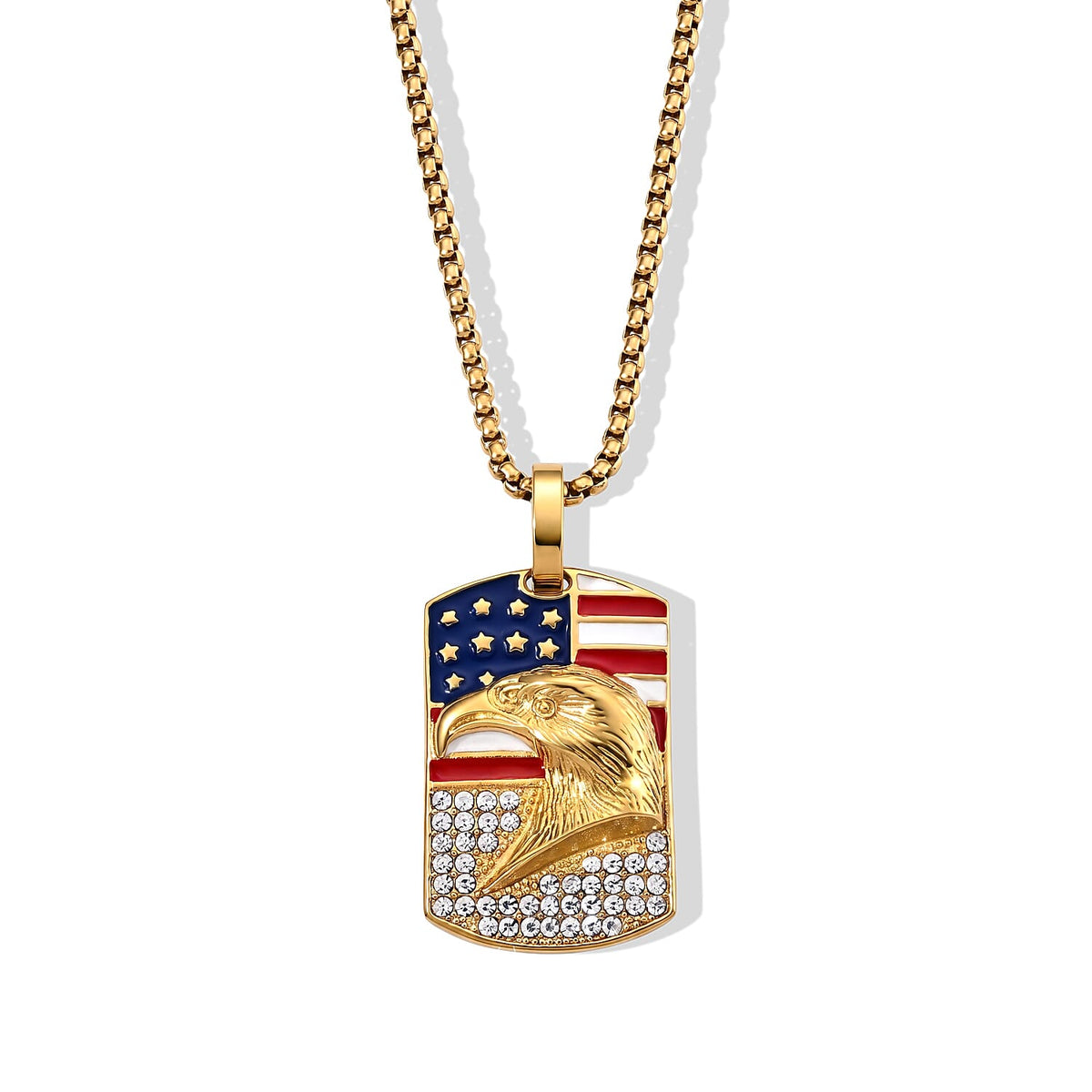 Enamel and Austrian Crystal American Flag Pendant Necklace (24 Inches) in ION Plated YG Stainless Steel