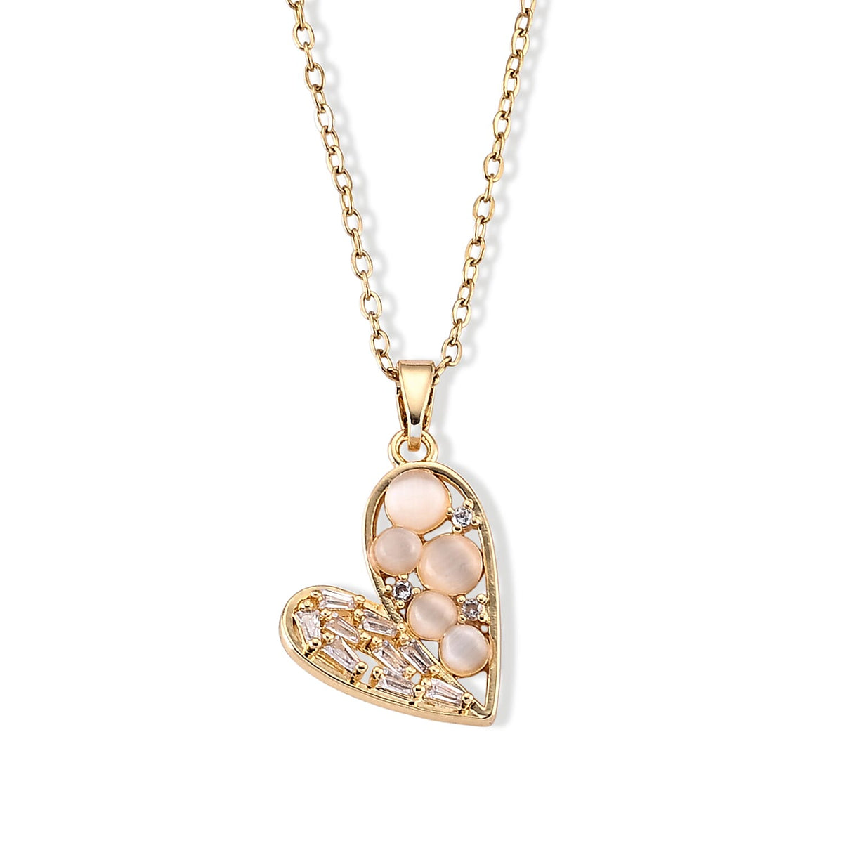 Lab Created White Cat''s Eye, Simulated Diamond Pendant in Goldtone with ION Plated YG Stainless Steel Necklace (16-18 Inches) 4.00 ctw 4494002
