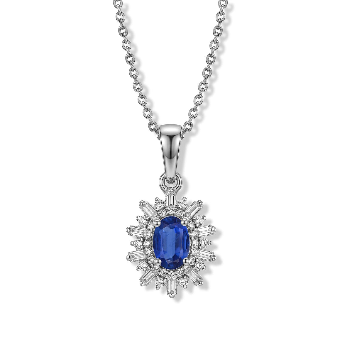 D'Joy Premium Kanchanaburi Blue Sapphire (D) and Moissanite Pendant Necklace (20 Inches) in Rhodium Over Sterling Silver 1.20 ctw