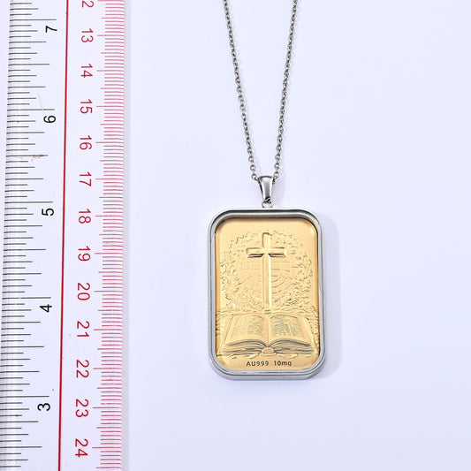 24K Gold Foil Cross & Bible Pendant with Stainless Steel Necklace (20 Inches)
