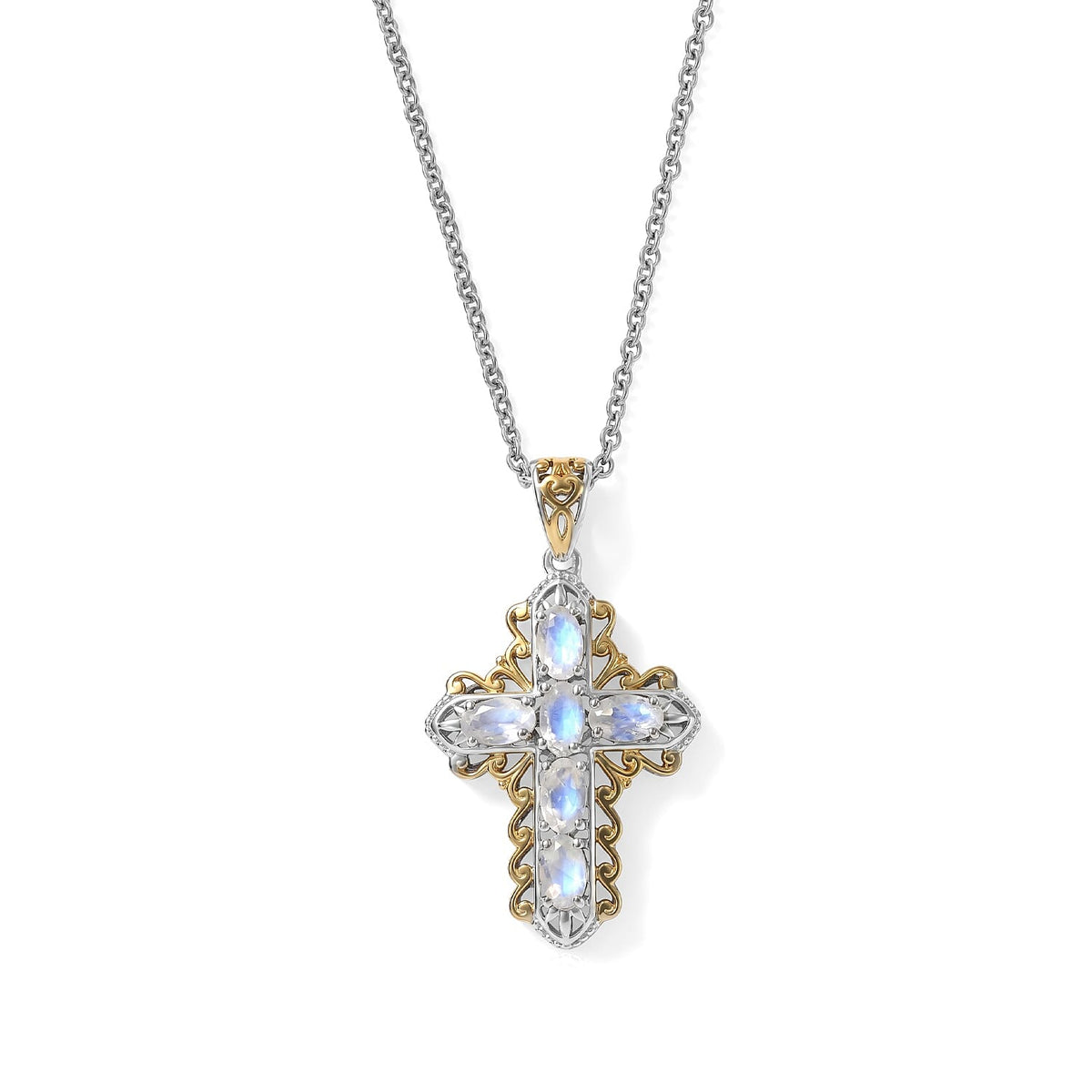 EverTrue Rainbow Moonstone 1.35 ctw Cross Pendant in 18K YG Plated and Platinum Bond with Stainless Steel (20 Inches)