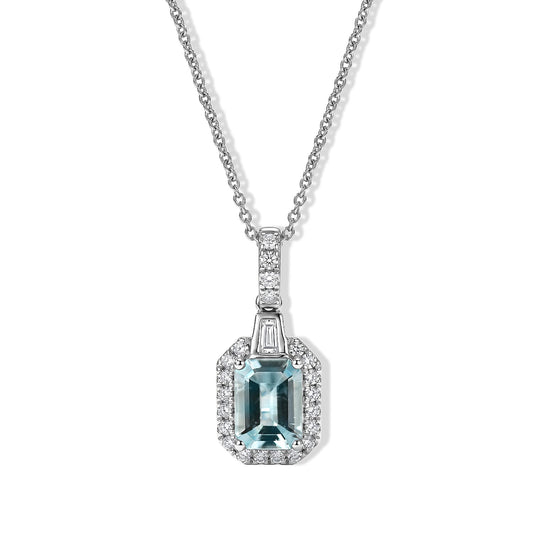 Certified & Appraised Luxuro 10K White Gold AAA Santamaria Aquamarine, Diamond (I2) Pendant Necklace (20 Inches) 1.65 ctw