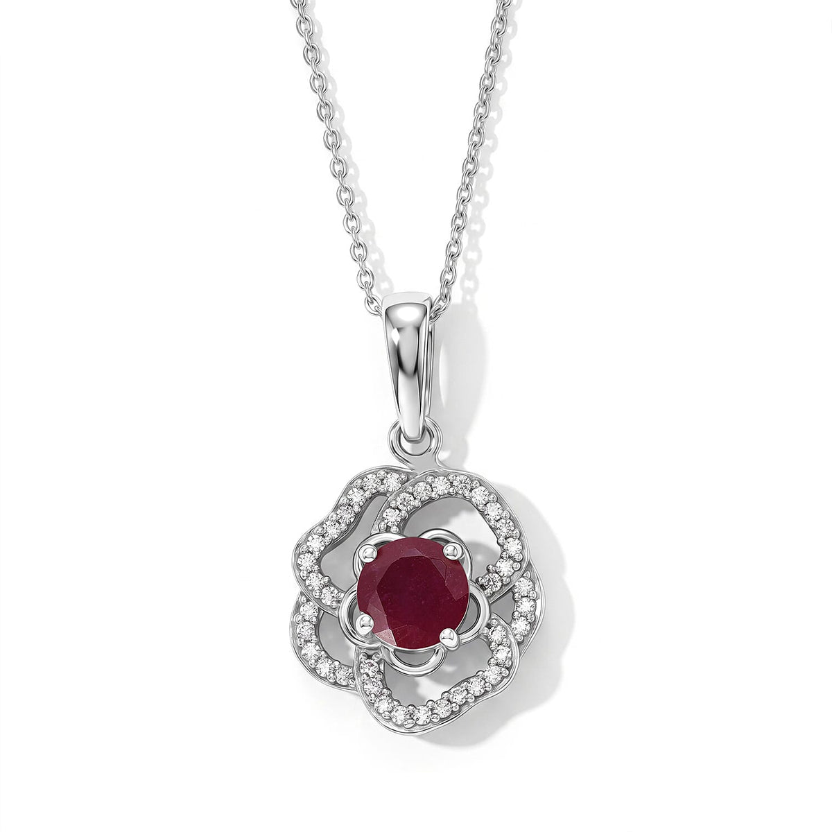 D''Joy AAA African Ruby (FF), White Zircon Pendant Necklace (20 Inches) in Rhodium Over Sterling Silver 1.70 ctw