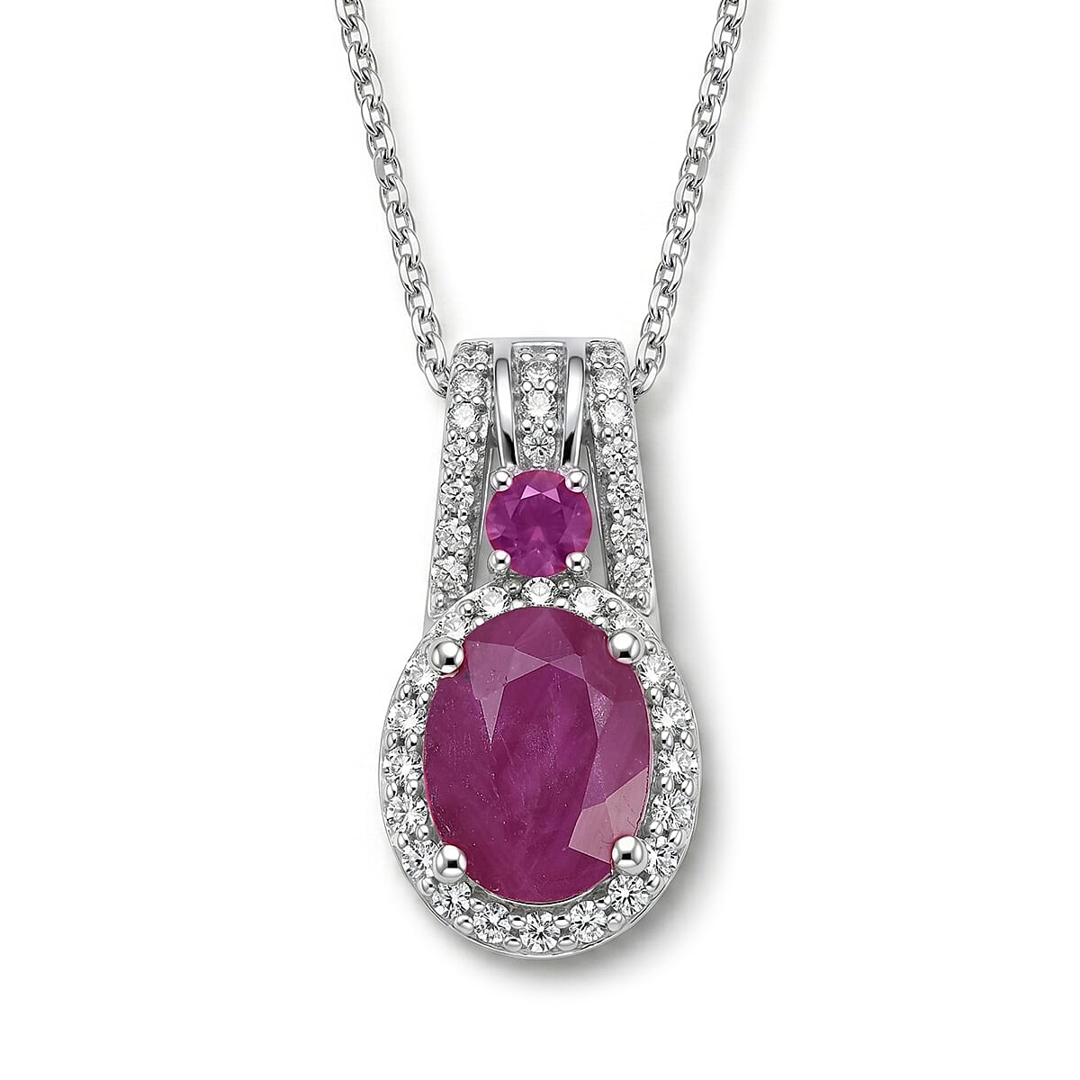 D'Joy Premium Mozambique Ruby, White Zircon Royal Heirloom Pendant Necklace (20 Inches) in Rhodium Over Sterling Silver 2.30 ctw