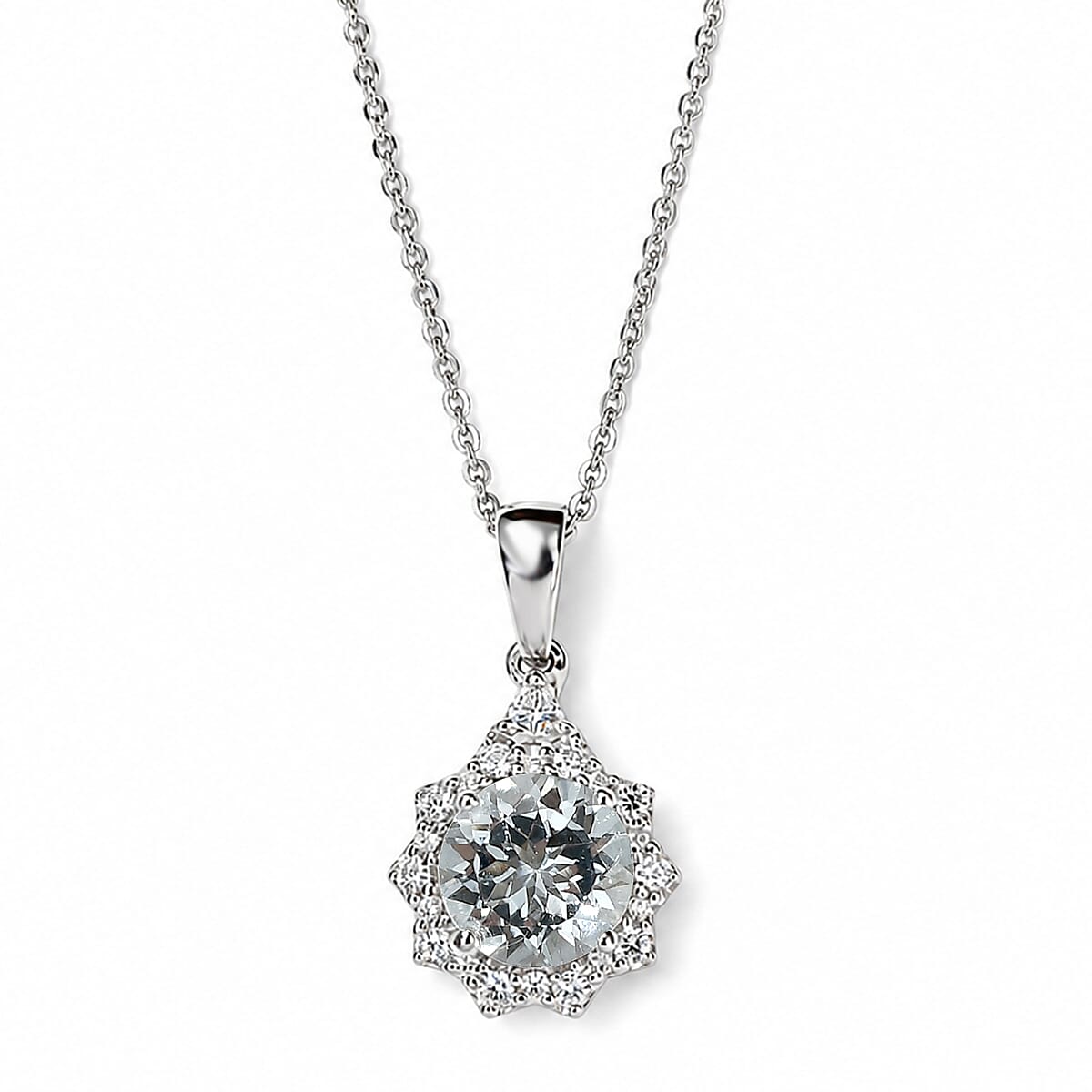 D'Joy Premium Santa Maria Aquamarine, Moissanite Pendant Necklace (18 Inches) in Rhodium Over Sterling Silver 1.60 ctw