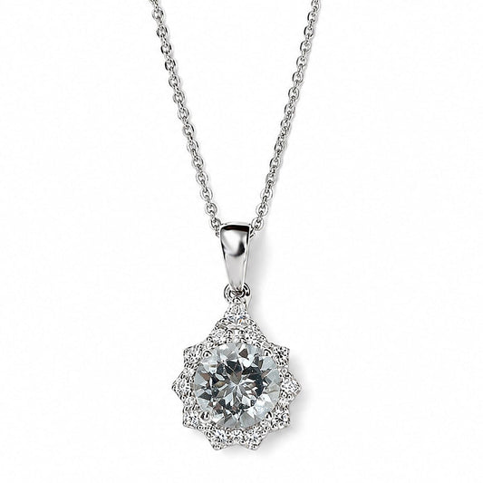 D'Joy Premium Santa Maria Aquamarine, Moissanite Pendant Necklace (18 Inches) in Rhodium Over Sterling Silver 1.60 ctw