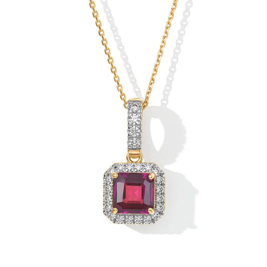 10K Yellow Gold Asscher Cut AAA Radiant Ember Garnet, Luxuriant Lab Grown Diamond (G-H, SI) (0.15 cts) Pendant Necklace (20 Inches) 1.35 ctw