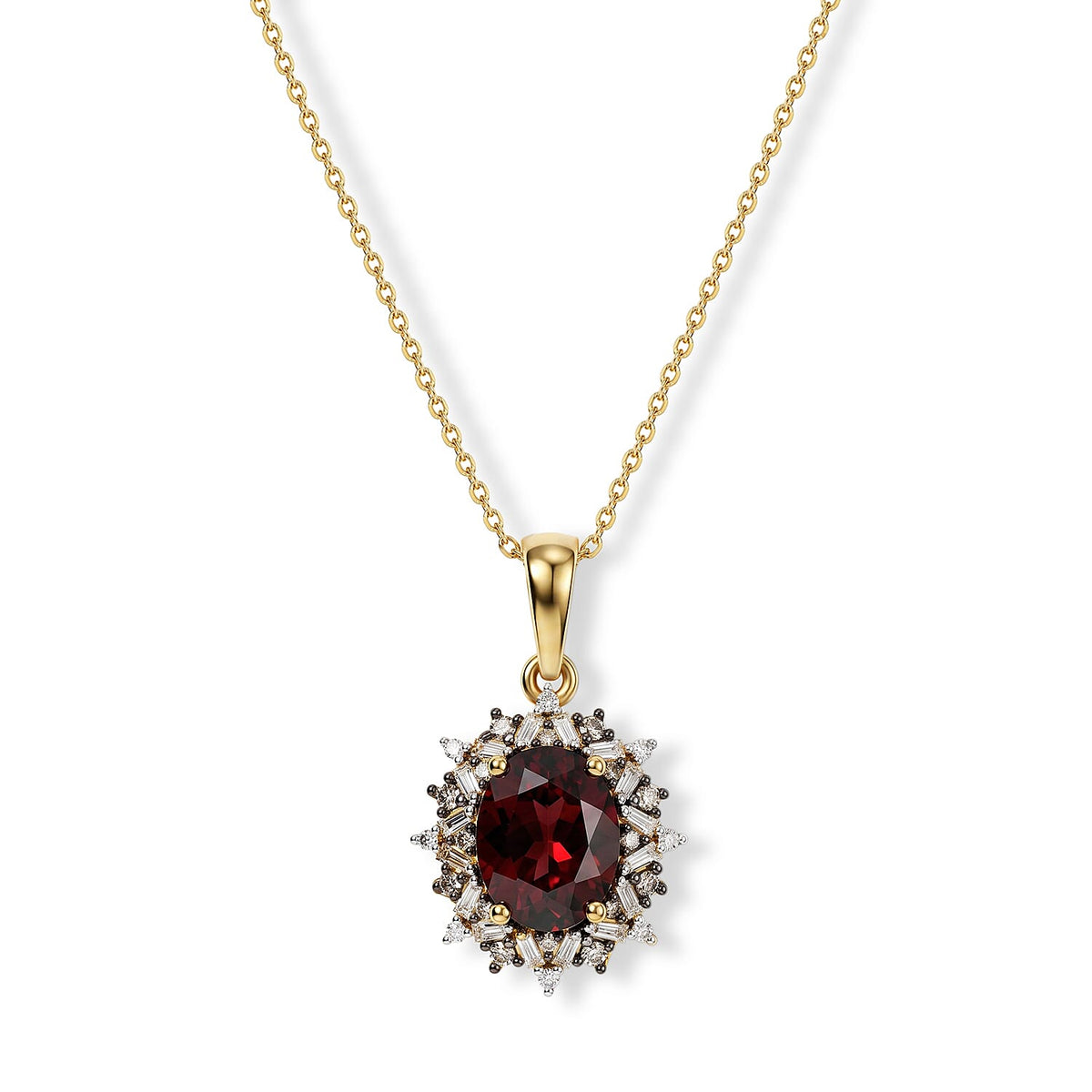 D'Joy Premium Orissa Rhodolite Garnet, Natural Champagne and White Diamond (0.25 cts) Berry Sunburst Pendant Necklace (20 Inches) in 18K Vermeil YG Over Sterling Silver 2.60 ctw