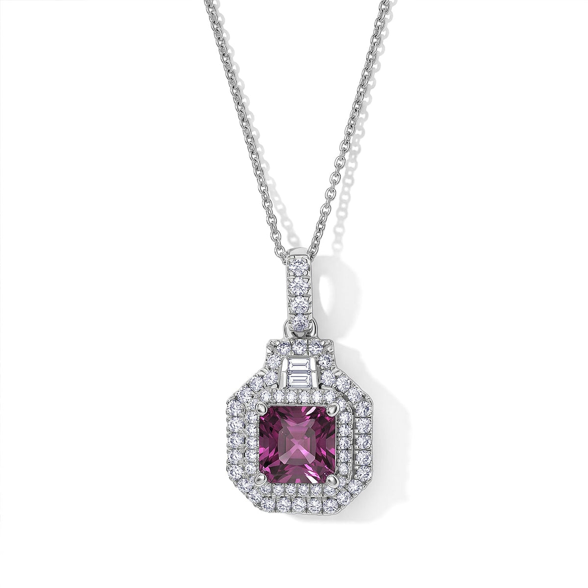 D'Joy AAA Radiant Ember Garnet and Moissanite 2.50 ctw Pendant Necklace in Rhodium Over Sterling Silver (20 Inches)