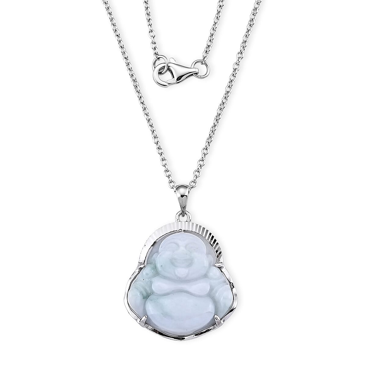 Natural Olmec Jadeite Carved Buddha Pendant Necklace (20 Inches) in Rhodium Over Sterling Silver 18.00 ctw