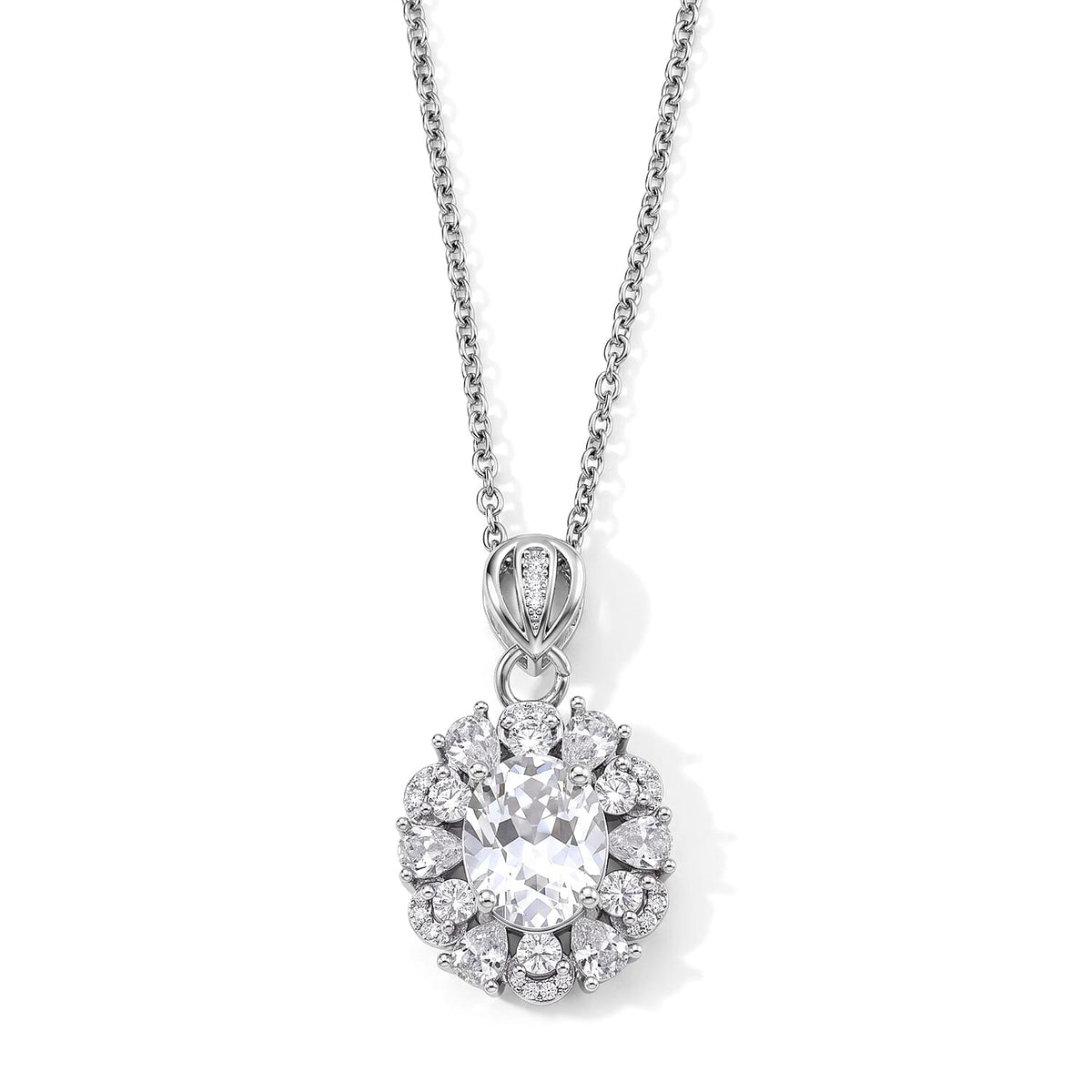 White Crystal Quartz and Simulated Diamond 10.00 ctw Pendant in Silvertone with Stainless Steel Necklace 20 Inches