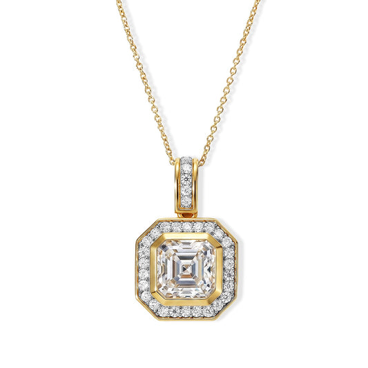 D'Joy Asscher Cut Moissanite (Oct 9x9mm) Pendant Necklace (20 Inches) in 18K Vermeil YG Over Sterling Silver 4.30 ctw