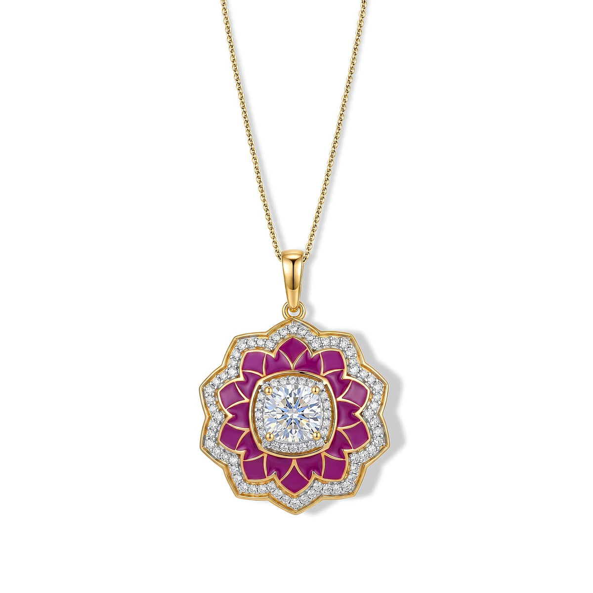 D'Joy Moissanite (Cush 7x7mm) Enameled Lotus Flower Pendant Necklace (20 Inches) in 18K Vermeil YG Over Sterling Silver 2.20 ctw