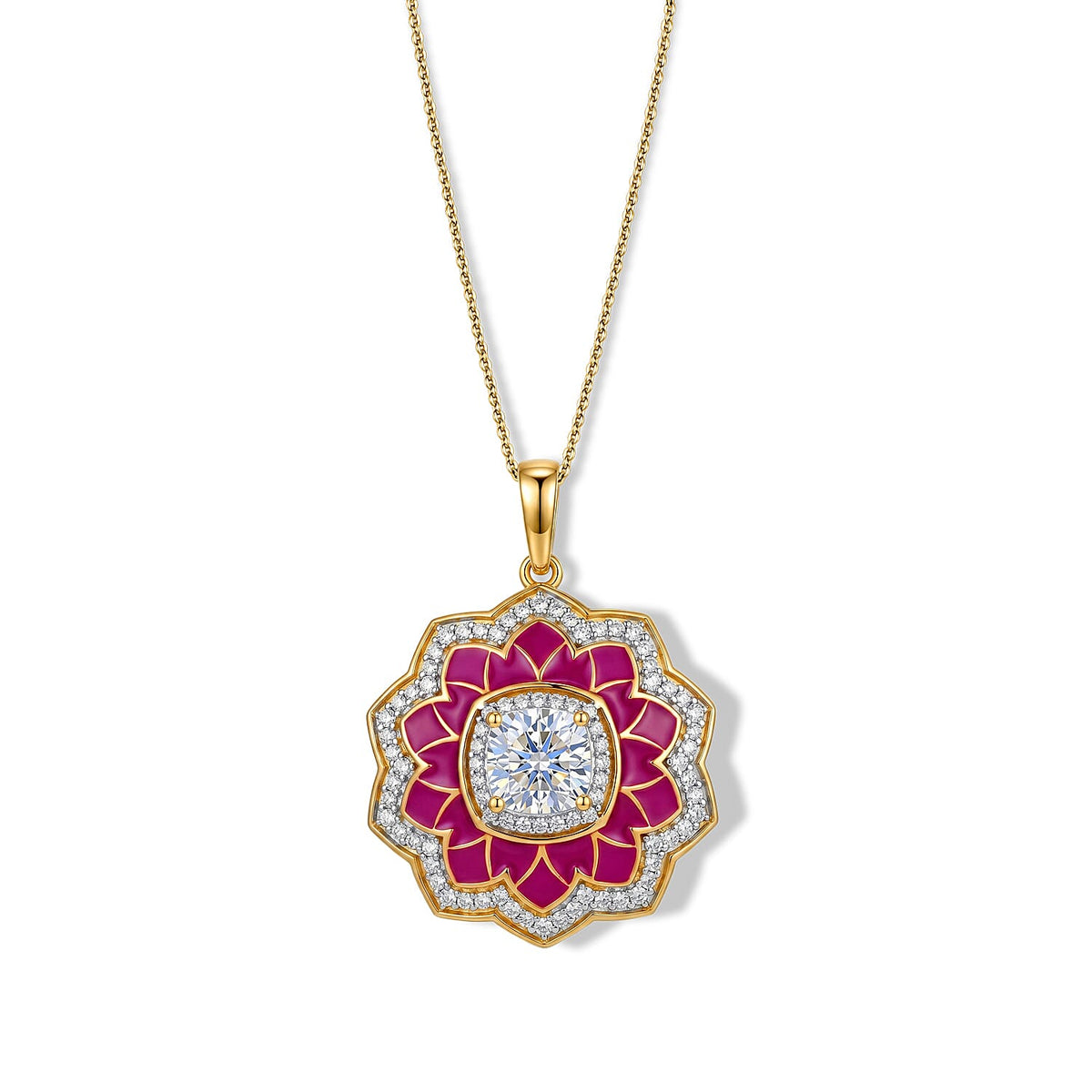 D'Joy Moissanite (Cush 7x7mm) Enameled Lotus Flower Pendant Necklace (20 Inches) in 18K Vermeil YG Over Sterling Silver 2.20 ctw