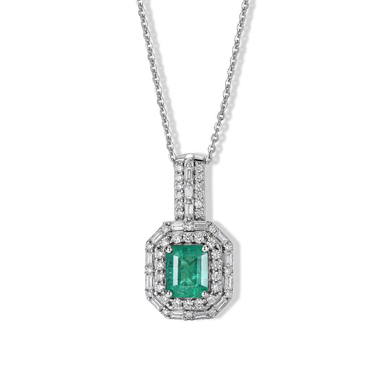D'Joy Premium Kagem Zambian Emerald, Moissanite Architectural Pendant Necklace (20 Inches) in Rhodium Over Sterling Silver 2.15 ctw 4501375