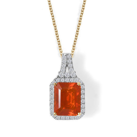 Certified and Appraised 10K Yellow Gold AAA Mexican Cherry Fire Opal, Luxuriant Lab Grown Diamond (G-H, SI) Pendant Necklace (18 Inches) 2.55 ctw