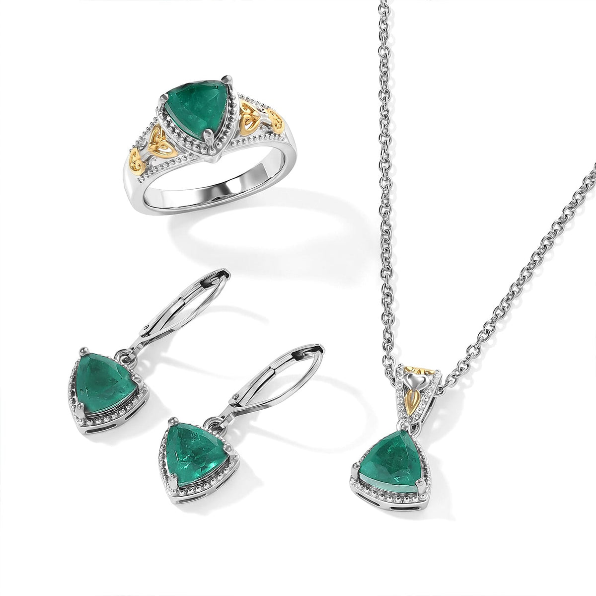 EverTrue Emeraldine Triplet Quartz Earrings, Ring (Size 7) and Pendant in 18K YG Plated and Platinum Bond with Stainless Steel Necklace (20 Inches) 6.00 ctw