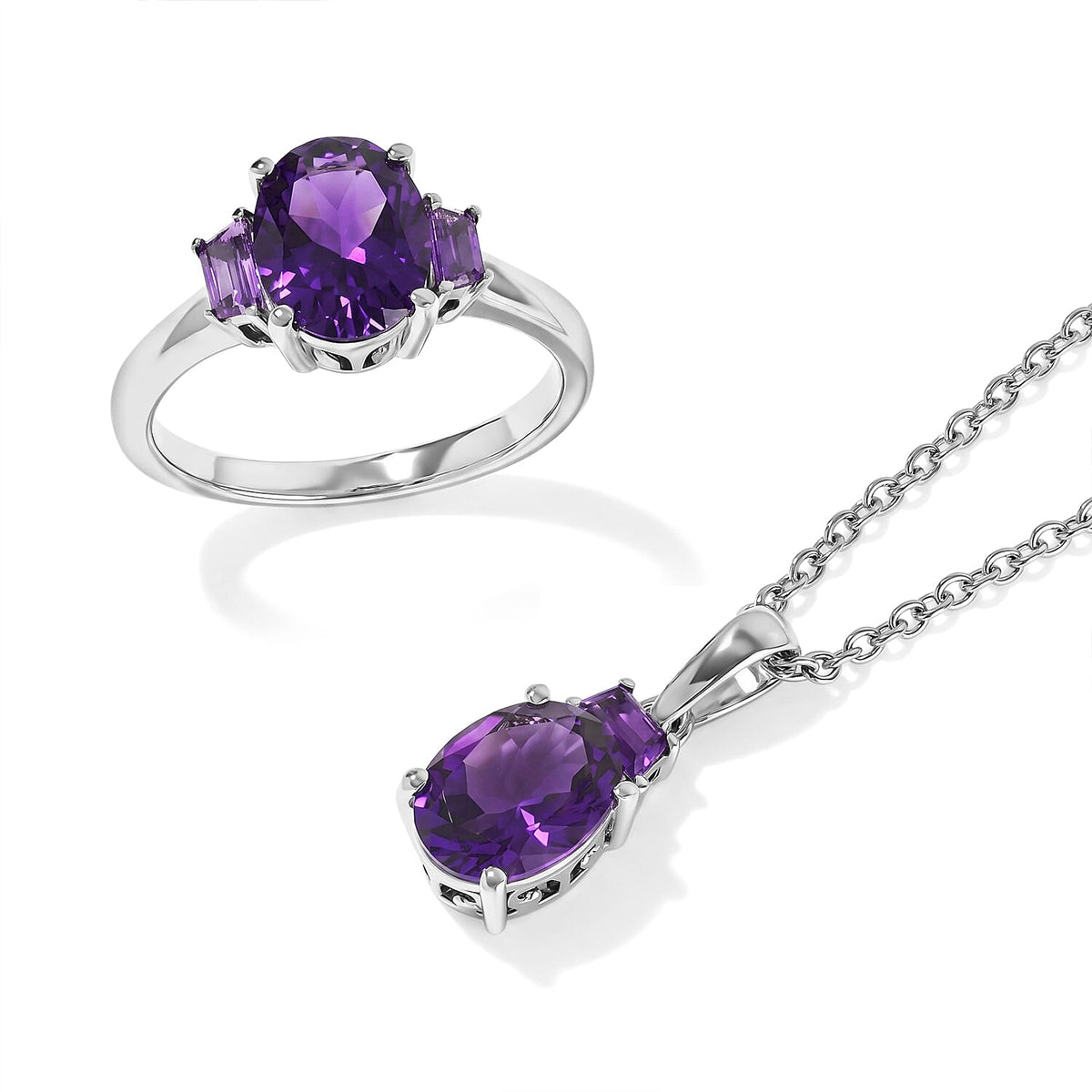 EverTrue African Amethyst 3.70 ctw Ring (Size 5) Pendant in Platinum Bond with Stainless Steel Necklace 20 Inches