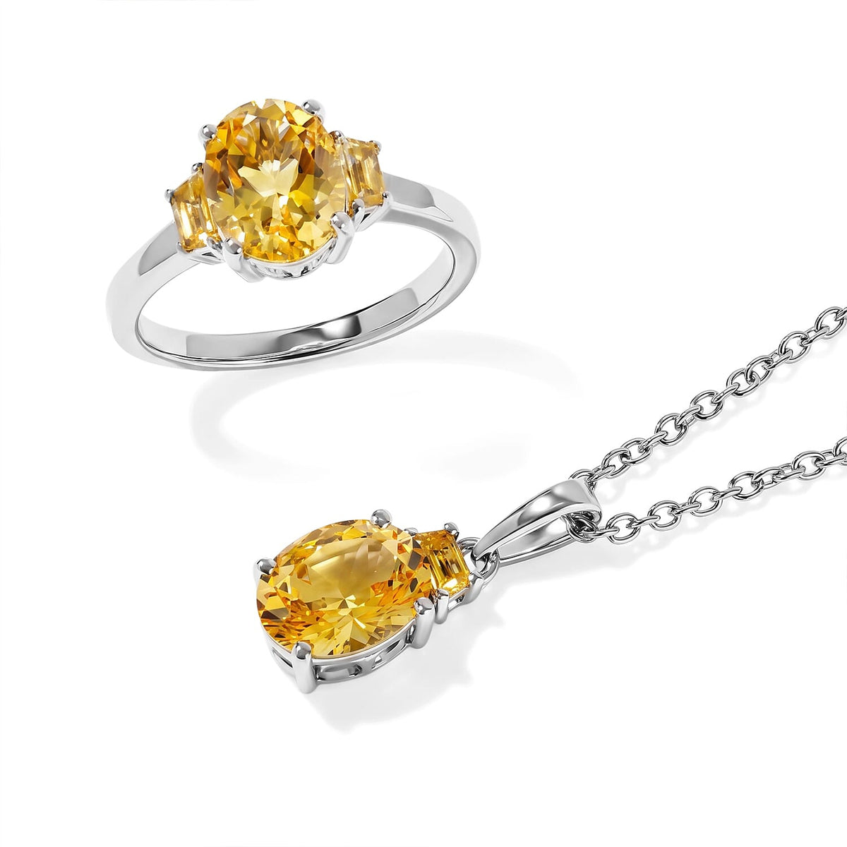 EverTrue Brazilian Citrine 3.90 ctw Ring, Pendant in Platinum Bond with Stainless Steel Necklace 20 Inches
