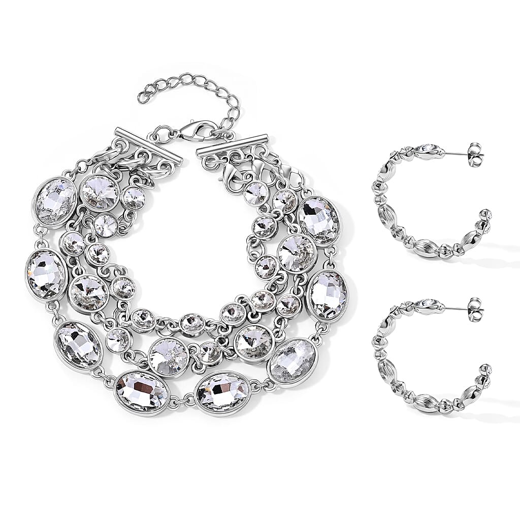 TLV Austrian Multi Color Crystal, Multi Color Glass Earrings and Set of 3 Three Layer Bracelet (7.5In) Goldtone