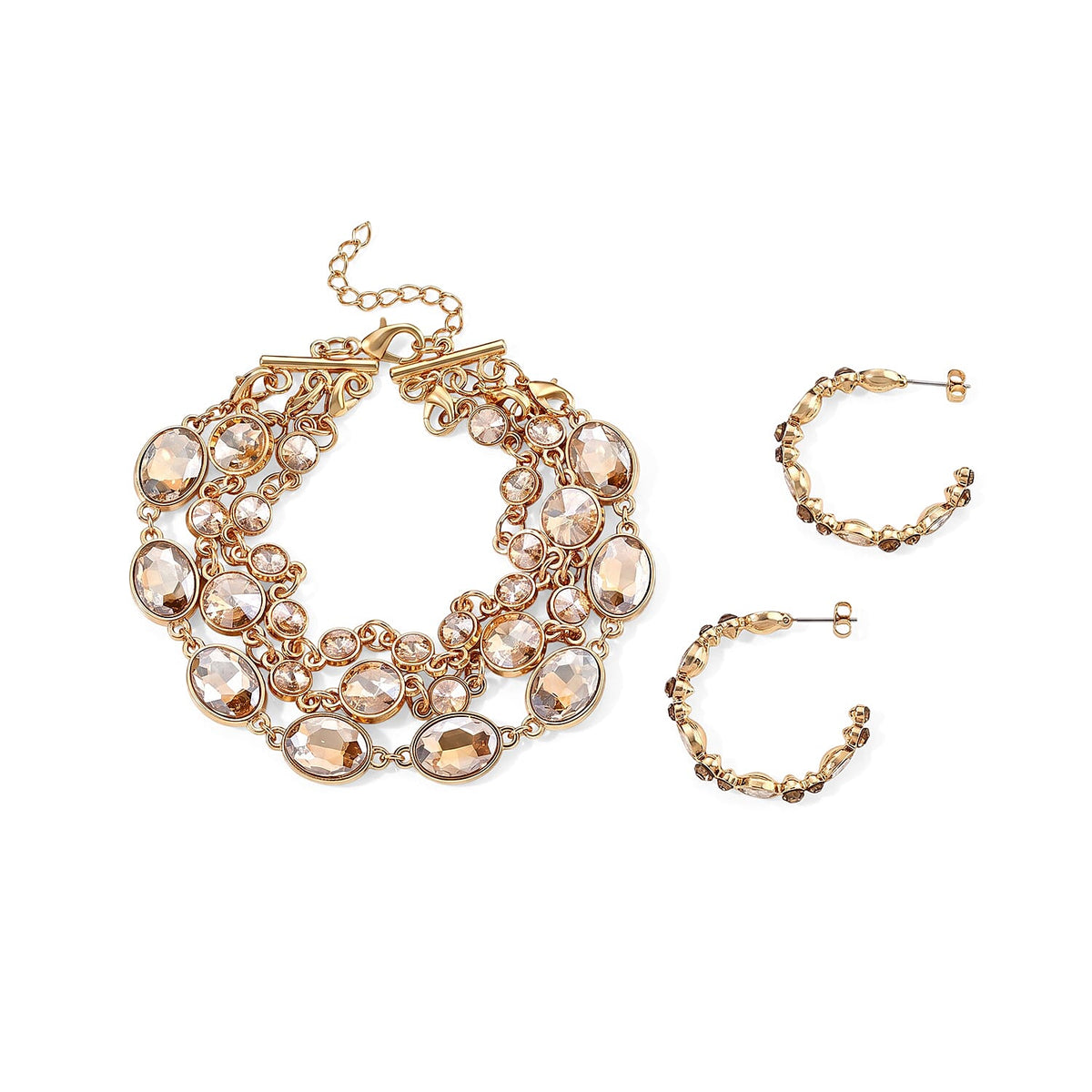 TLV Austrian Multi Color Crystal, Multi Color Glass Earrings and Set of 3 Three Layer Bracelet (7.5In) Goldtone