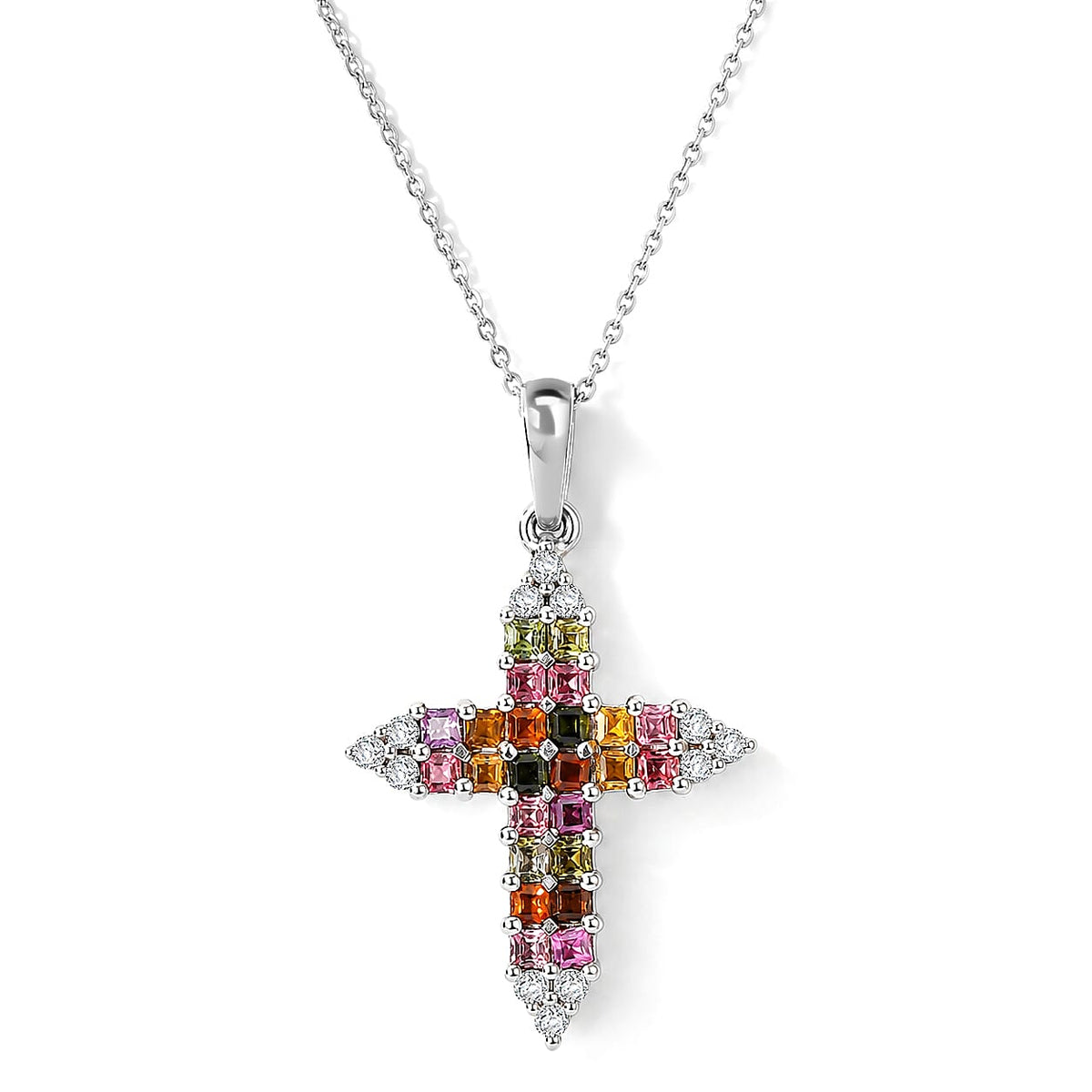 D''Joy Premium Multi-Tourmaline and Moissanite 1.70 ctw Pendant Necklace in Rhodium Over Sterling Silver 20 Inches