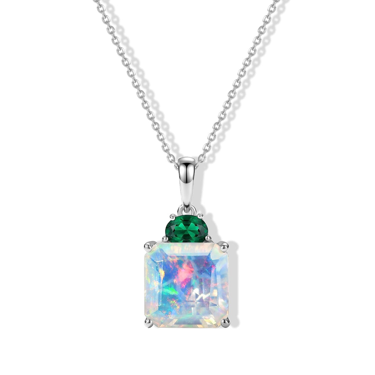 D'Joy AAA Ethiopian Welo Opal and Lab Grown Emerald 4.70 ctw Pendant Necklace (20 Inches) in Rhodium Over Sterling Silver