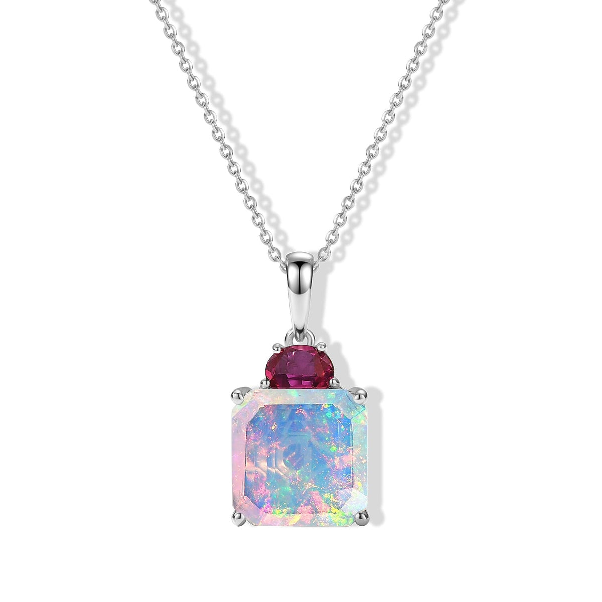 D'Joy AAA Ethiopian Welo Opal and Lab Grown Emerald 4.70 ctw Pendant Necklace (20 Inches) in Rhodium Over Sterling Silver